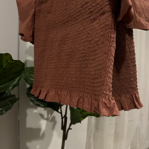 WILFRED ARITZIA Maelys Brown Cotton Poplin Puff Sleeve Smocked Dress | Size Larg - Picture 5 of 9